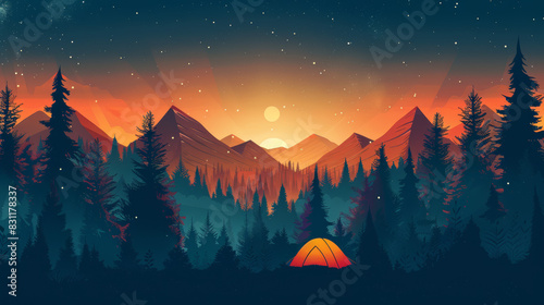 Abstract camping scene with tent shapes and a starry night sky, evoking the spirit of outdoor summer adventures photo