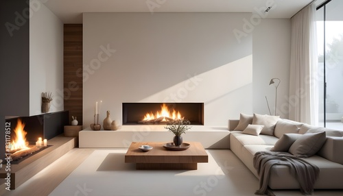 Minimalist modern living room interior background, empty wall mockup, living room mock up in Scandinavian style. 3d rendering