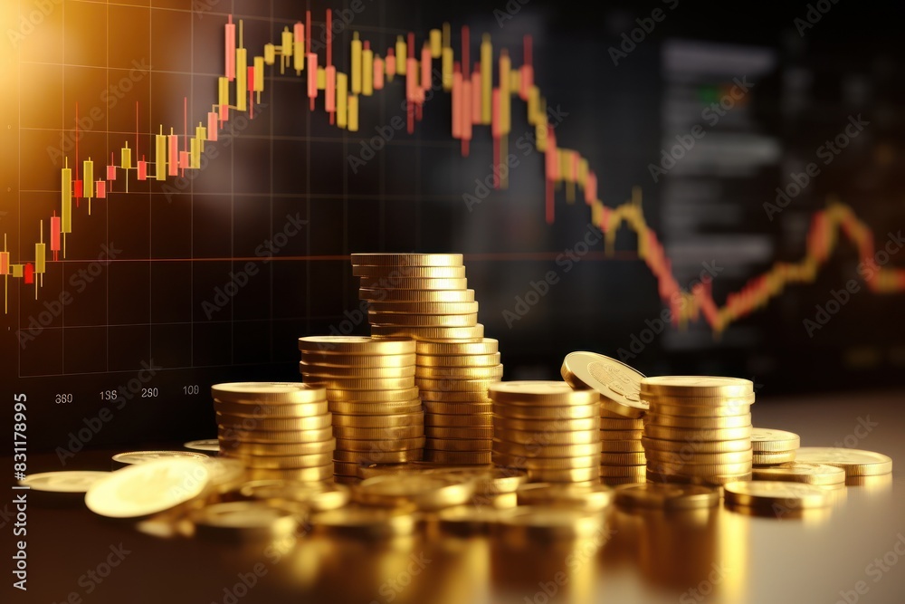 Stacked coins with a background of graphs and statistics, showing economic growth. AI image generated Stacked coins with a background of graphs and statistics, showing economic growth. AI image generated