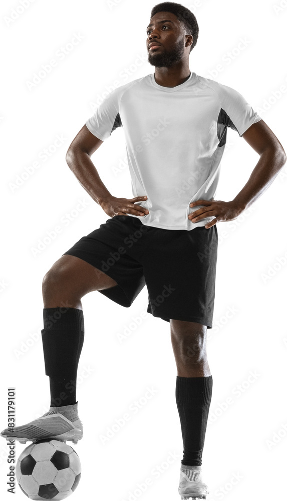 Young African-American soccer player posing with ball isolated on transparent background. Professional athlete. Concept of sport, competition, tournament, hobby, active lifestyle Young African-American soccer player posing with ball isolated on transparent background. Professional athlete. Concept of sport, competition, tournament, hobby, active lifestyle