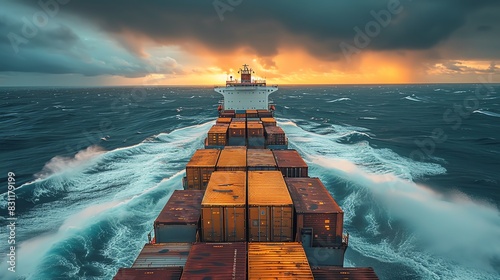 Sunset Over Ocean with Container Ship