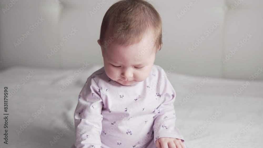 Little baby girl six month old sitting playing in a white bed in the bed room Little baby girl six month old sitting playing in a white bed in the bed room
