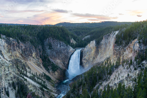 Lower Falls of the Grand Canyon of the Yellowstone at sunset in Yellowstone National Park in Wyoming photo