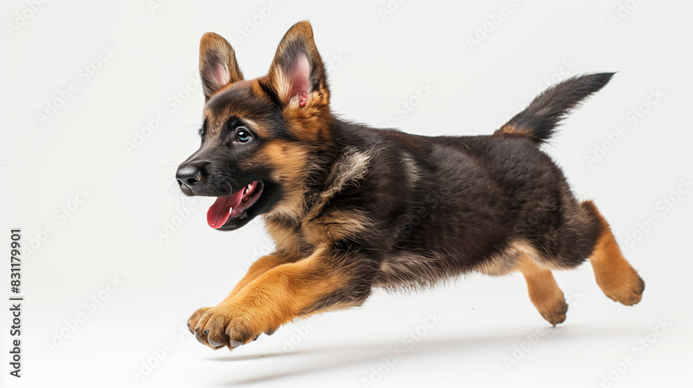 German Shepherd puppy running forward with a happy expression and its tongue sticking out, on white background. German Shepherd puppy running forward with a happy expression and its tongue sticking out, on white background.