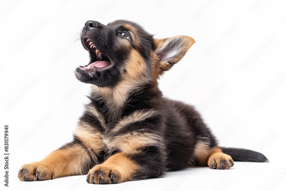 Fototapeta premium a barking German Shepherd puppy with its mouth open and a lively expression, isolated on a white background.