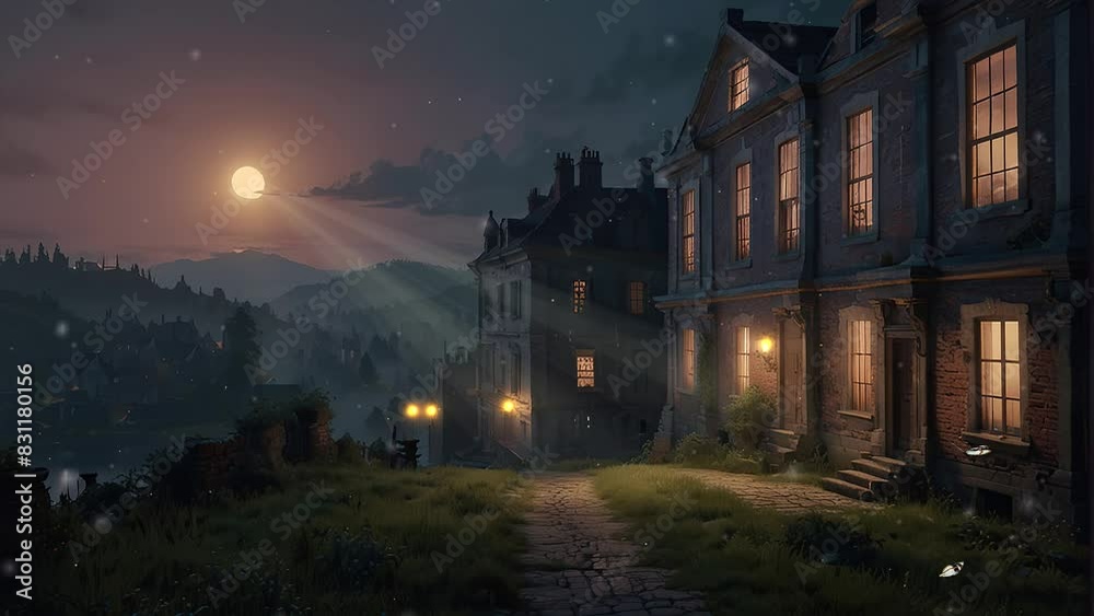 Video  is a street scene with a row of three-story townhouses. The street is empty, and there is a full moon in the sky. The buildings are made of brick and have bay windows on the first and second fl