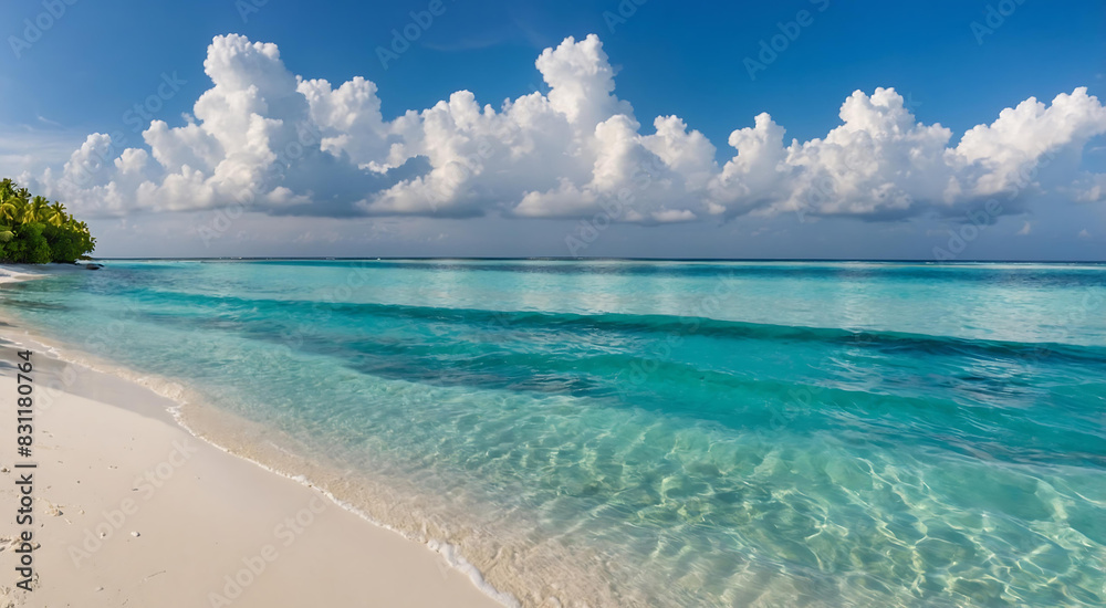 Beautiful sandy beach with white sand and rolling calm wave of turquoise ocean on Sunny day on background white clouds in blue sky. 