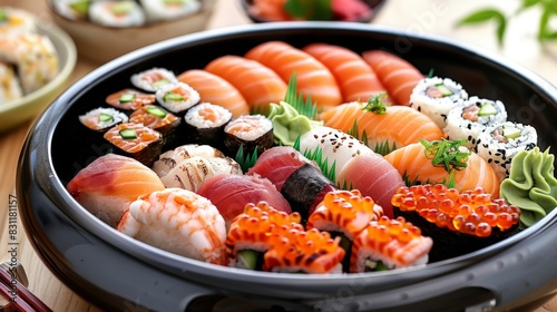 Side View of Traditional Black Sushioke Plate with Assorted Nigiri and Rolls