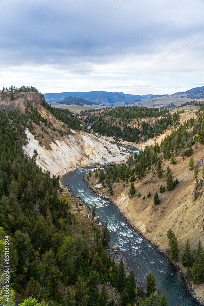 Fototapeta premium Calcite Springs Overlook on the Yellowstone River in Yellowstone National Park in Wyoming on a sunny day