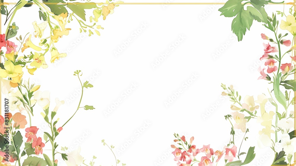 A delicate floral frame with a gold border The frame features clusters of roses in various colors A delicate floral frame with a gold border The frame features clusters of roses in various colors