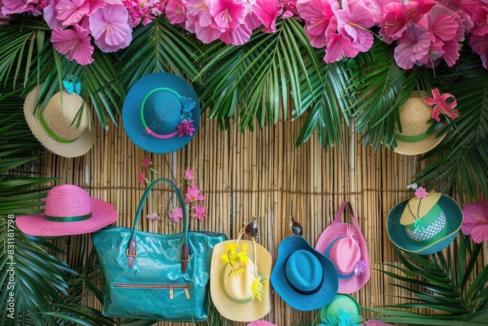 a image of a bunch of hats and bags are arranged on a bamboo mat