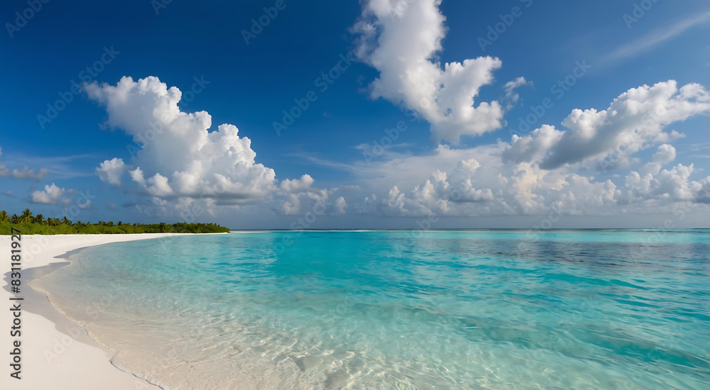 Beautiful sandy beach with white sand and rolling calm wave of turquoise ocean on Sunny day on background white clouds in blue sky. 