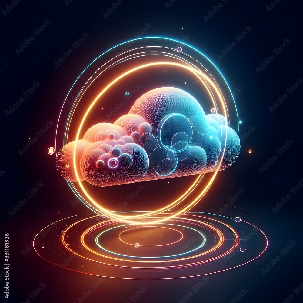 Obraz premium AI Generate of Abstract 3D Cloud Illuminated and Round Neon Light, in Dark Black Background.