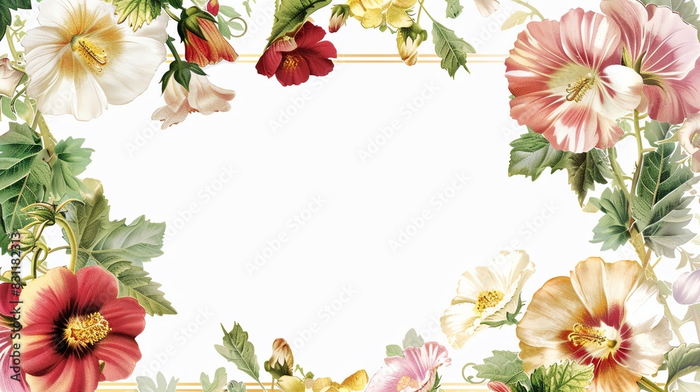 A delicate floral frame with a gold border The frame features clusters of roses in various colors A delicate floral frame with a gold border The frame features clusters of roses in various colors