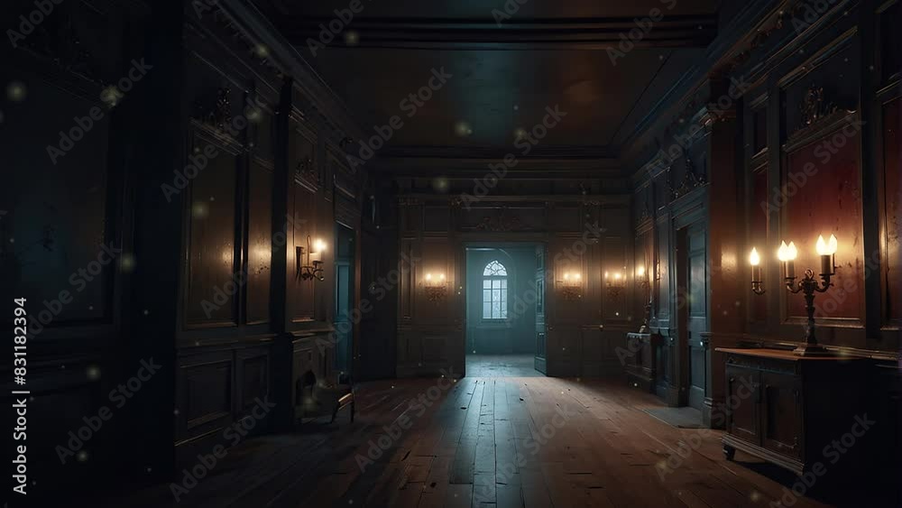 A dark hallway with a door at the end of the hall. There are sconces on the walls and a dark wood floor.