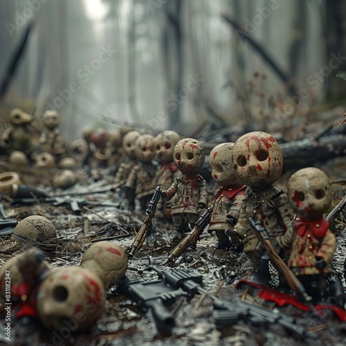 An unsettling collection of doll heads and weapons in a forest setting for an abstract horror wallpaper background best-seller