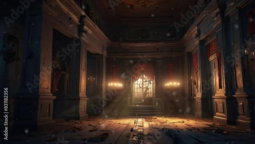 Wallpaper Mural Video is of a dark, ruined hall with a large window at the end. There are pillars on either side of the hall and debris scattered on the floor. Torontodigital.ca