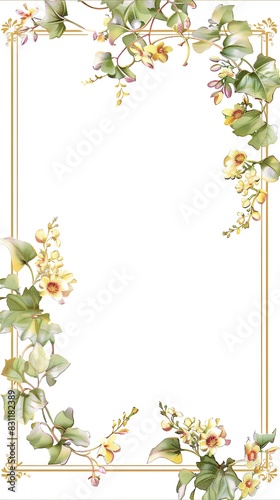 A delicate floral frame with a gold border The frame features clusters of roses in various colors