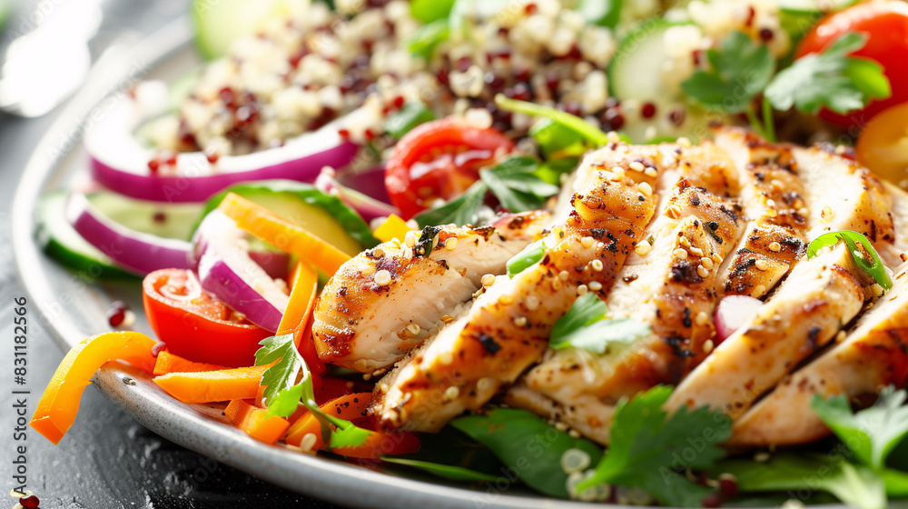 Healthy Delight: Close-Up of a Vibrant Salad with Grilled Chicken, Quinoa, and Colorful Vegetables, Drizzled with Light Vinaigrette Healthy Delight: Close-Up of a Vibrant Salad with Grilled Chicken, Quinoa, and Colorful Vegetables, Drizzled with Light Vinaigrette