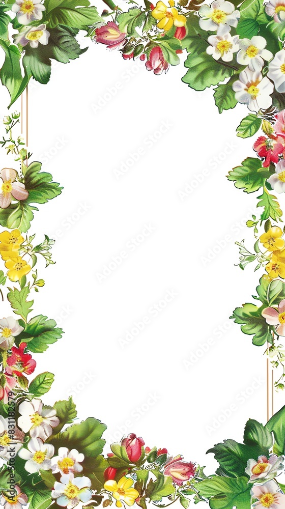 Fototapeta premium A delicate floral frame with a gold border The frame features clusters of roses in various colors