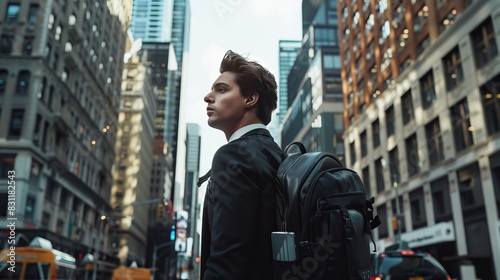 A businessman with a backpack is walking through a busy cityscape making for a great abstract, wallpaper background, and potential best-seller