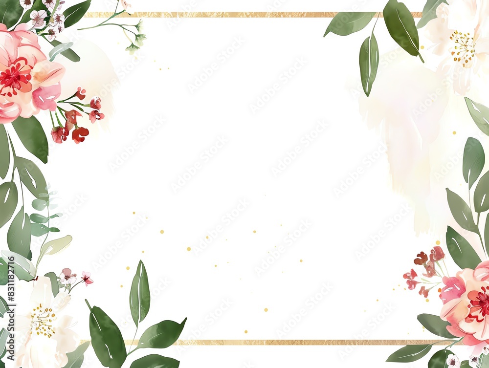 Fototapeta premium A delicate floral frame with a gold border The frame features clusters of roses in various colors