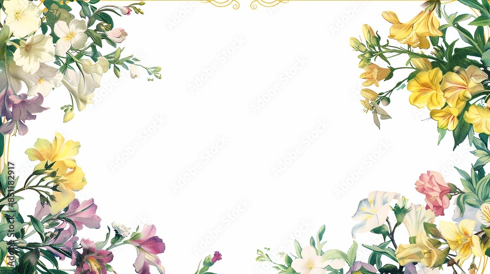 A delicate floral frame with a gold border The frame features clusters of roses in various colors A delicate floral frame with a gold border The frame features clusters of roses in various colors