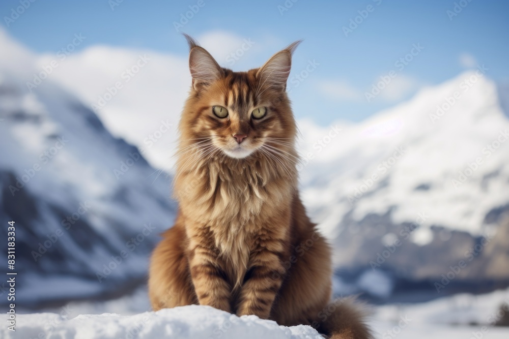 Portrait of a cute somali cat in snowy mountain range