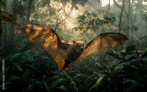 AI generated illustration of a bat flying through a lush jungle photo