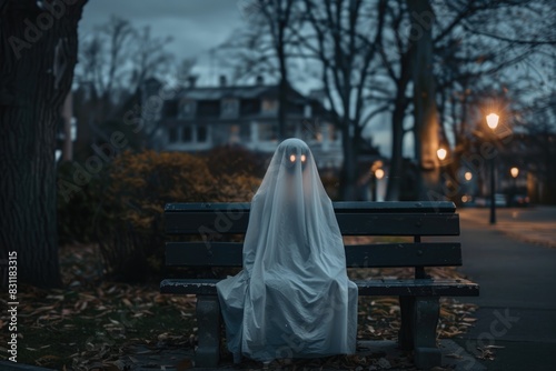 Spooky Ghost on Park Bench at Dusk with Glowing Eyes in Urban Neighborhood