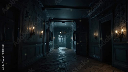 A dark hallway with wood-paneled walls and a chandelier in the distance.