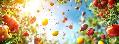 A splash of fruits and vegetables in the garden. Selective focus.