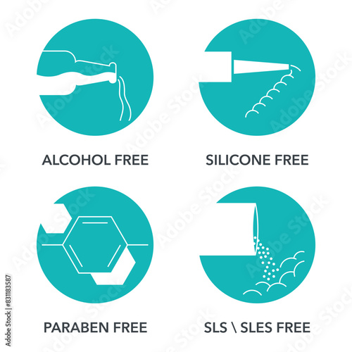 Paraben, SLS or SLES, alcohol, silicone free, circular icons