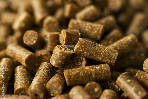 Growing trends in pet raising and pet food businesses, animal feed production industry, investing in pet food production stock, detailed close up of animal feed pellets