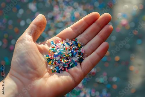 Hand holding plastic waste or microplastic, the amount of plastic waste increases each year around the world, danger from plastic problems