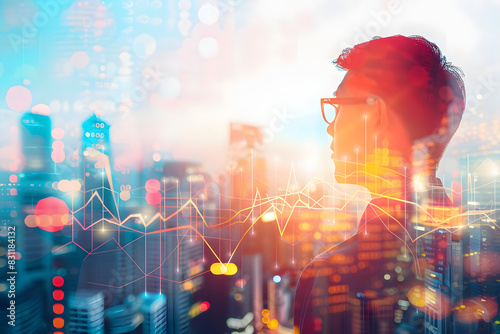portrait of focused economist with graphs, watching cityscape. double exposure, economic themed city background. space for your economic message. wide, twilight glow. generative ai