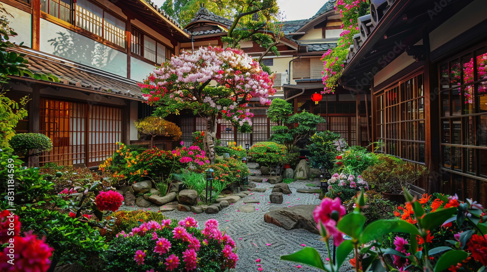 Beautiful Japanese garden courtyard with colorful flowers and tranquil views.