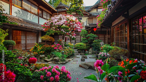 Beautiful Japanese garden courtyard with colorful flowers and tranquil views.