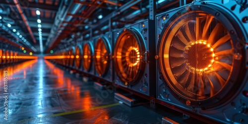 Long rows of cooling tower sets, cooling fans in the data center room