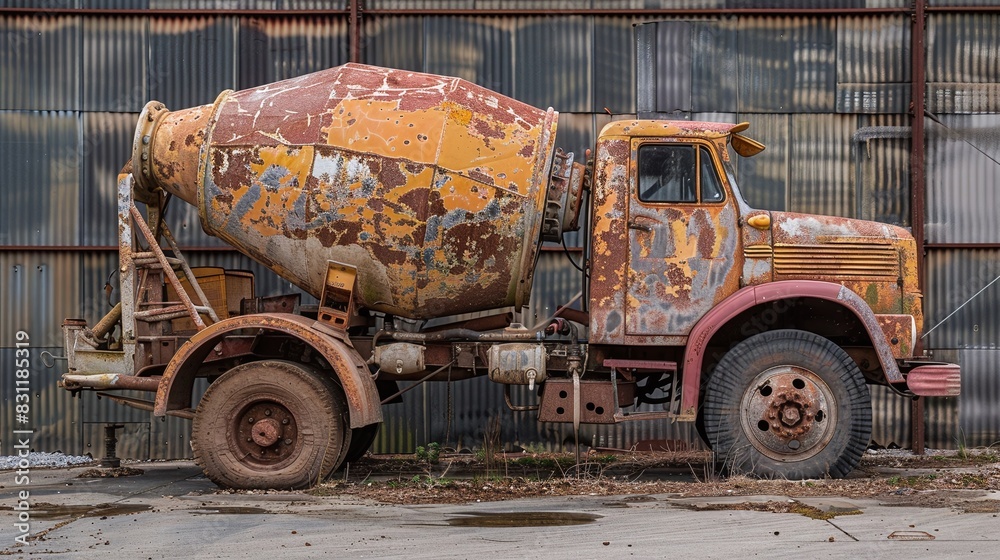 Obraz premium Detailed view of an aged cement mixer truck, standing by at a bustling construction site, showcasing its well-used appearance