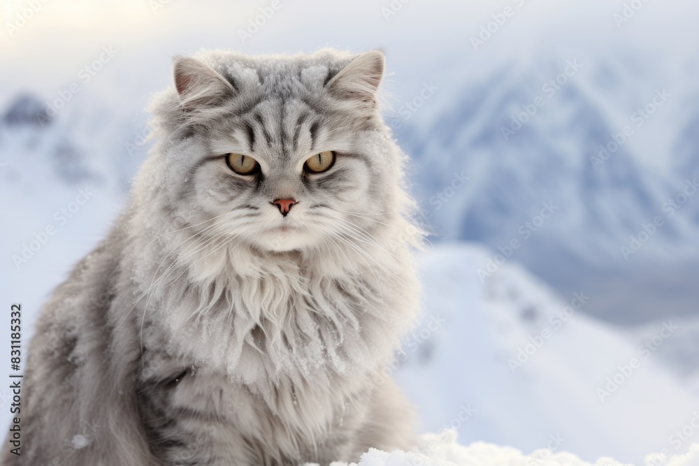 Portrait of a happy selkirk rex cat isolated in snowy mountain range