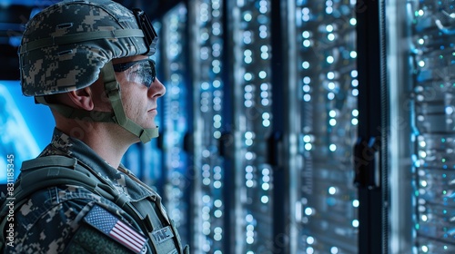 Military Man Analyzing Screen in Uniform Generative AI