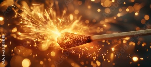 Wooden match stick with fire burning and sparkles in black background.