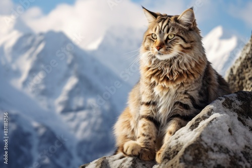 Portrait of a happy serengeti cat in front of snowy mountain range © Markus Schröder