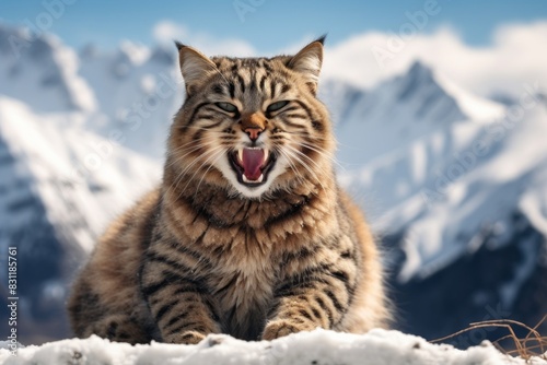 Portrait of a happy serengeti cat in front of snowy mountain range © Markus Schröder