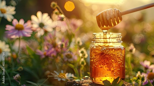 Jar of flower honey in the garden. Selective focus.