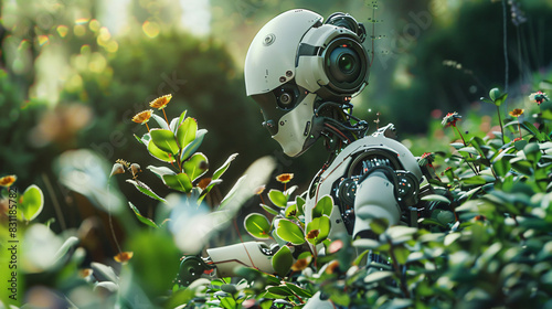 Old android robot working with plants in garden nature