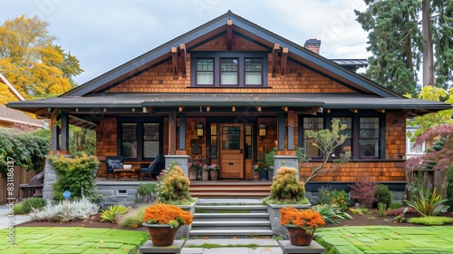 A cozy Craftsman home with a welcoming front porch  brick detailing  and vibrant flower beds