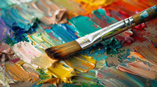 Creative Burst: Close-Up of an Artist's Paintbrush on a Vibrant, Colorful Palette with Abstract Strokes in the Background