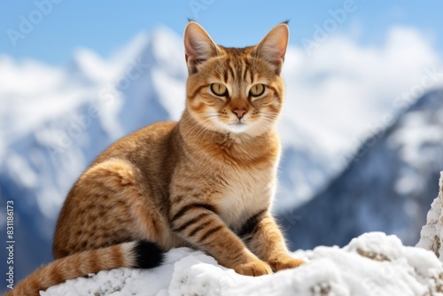 Portrait of a smiling chausie cat isolated in snowy mountain range